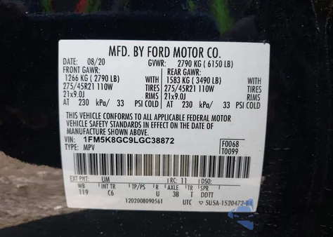 2020 Ford Explorer St из США, поврежденный, VIN 1FM5K8GC9LGC38872